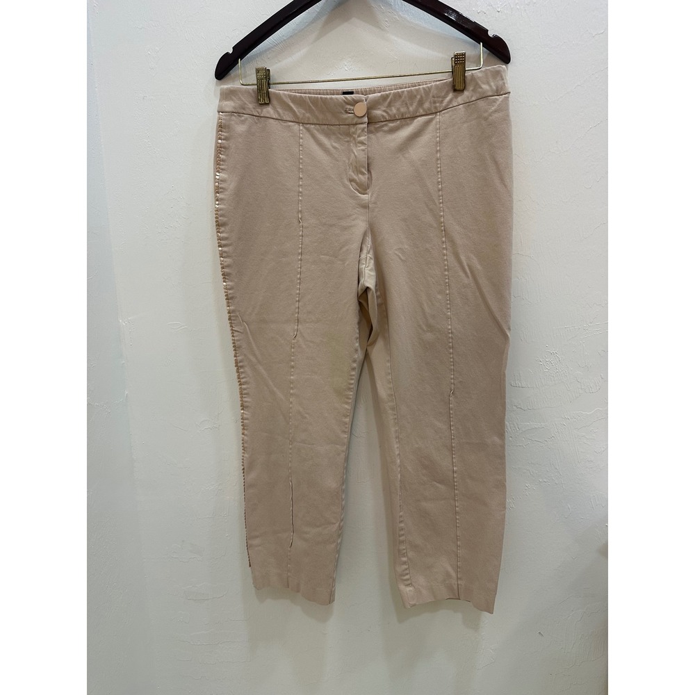 Alfani Women Tan Cropped Pants Embellished Side Trim Pintuck Stretch Size 12
